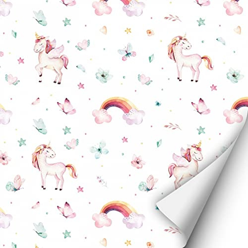 2 x 0,9 m Selbstklebende Folie - Einhorn Regenbogen (16,66 €/qm) Klebefolie Dekorfolie Möbelfolie Mädchen rosa Schmetterlinge Blumen Rainbow Kinderzimmer Dekoaufkleber für Glatte Oberflächen