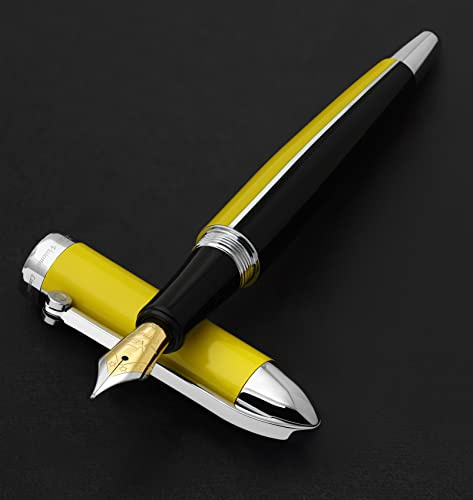 Stylo-plume Xezo Visionary en laiton et aluminium, plume moyenne. Laqué à la main en jaune vitesse et noir. Édition limitée numérotée de 500. Disposition classique de couleurs Art Déco, rétrofuturiste