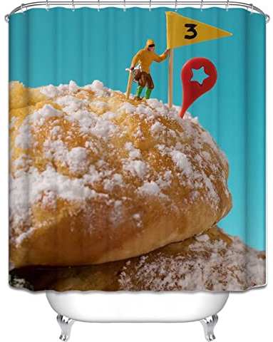 EHOMERY Duschvorhang Extra Lang Duschrollo Seitlich Ausziehbar Brot Schneeberg Duschvorhang XXL Mauer Badevorhang Ringe Polyester Rostfreie Ösen Und 12 Hakenringe, 90X180Cm