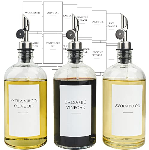 Ezebesta 3PCS Oil Dispensers with Labels 480ml Kitchen Cooking Glass Bottles Containers with 304 Stainless Steel Automatic Pump Heads Anti-Corrosion & Rustproof