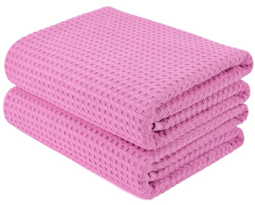 POLYTE Set di 2 asciugamani da bagno in microfibra, ad asciugatura rapida, senza pelucchi, 76 x 152 cm, colore rosa a nido d'ape
