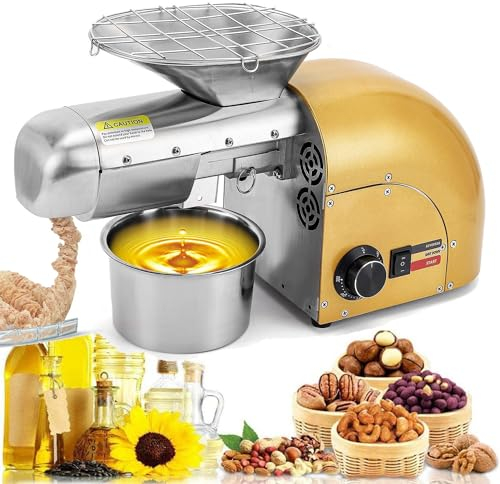 Qiang 1800W Máquina De Prensa De Aceite a Pequeña Escala Hogar Extractor De Alto Rendimiento De Aceite Extractor De Frío Y Caliente 0-300℃ Control De Temperatura,6-9Kg/Hora,Gold-220V
