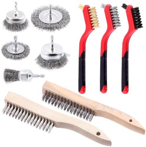 Glarks Juego de 10 cepillos de alambre para rascar, incluye 5 cepillos de copa de rueda de alambre, 3 cepillos de latón/nailon/acero inoxidable con mango de madera, 2 cepillos de alambre de acero