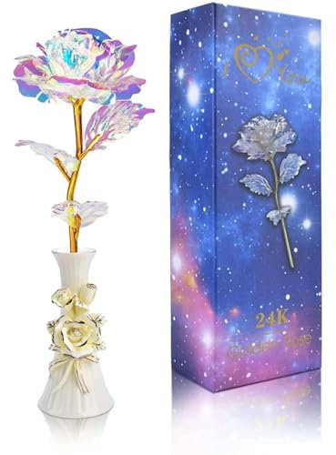 GIBZ Geschenk zum Valentinstag Bunte Rosen mit Keramikvase Geschenkbox Konservierte Ewige Rose Blumen Infinity Rosen Geschenke für Frau Freundin Mama Mutter Muttertag Jahrestag Geburtstag Weiß