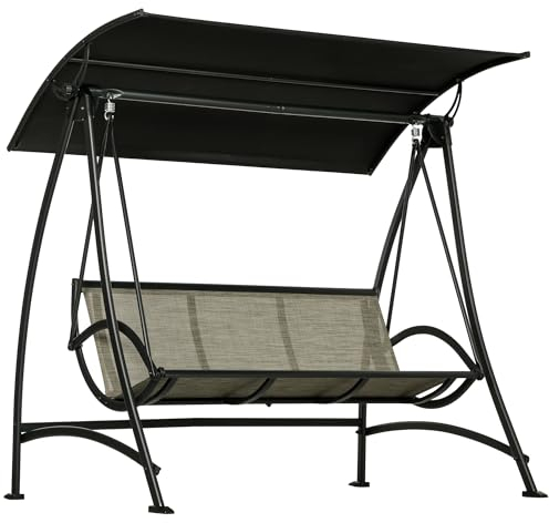Outsunny Hollywoodschaukel 3-Sitzer, Gartenschaukel mit Verstellbarem Sonnendach, UV-Schutz, Schaukelbank bis 330 kg Belastbar, Texteline, für Garten, Terrasse, Schwarz