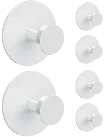 bussdis White Adhesive Wall Hook for Coat and Towel: Extra Sticky 12 LB (Max), Stainless Coat Rack Door Holder Hanger, 6-Pack Heavy Duty