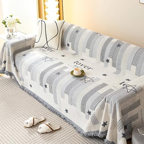 Epinki Sofaüberwurf, 180x260CM Sofabezug rutschfest mit Quaste Streifen Stern Muster, Superweiche Sofabezug Hund aus Chenille für Wohnzimmer Protector & Hunde Haustiere, Grau