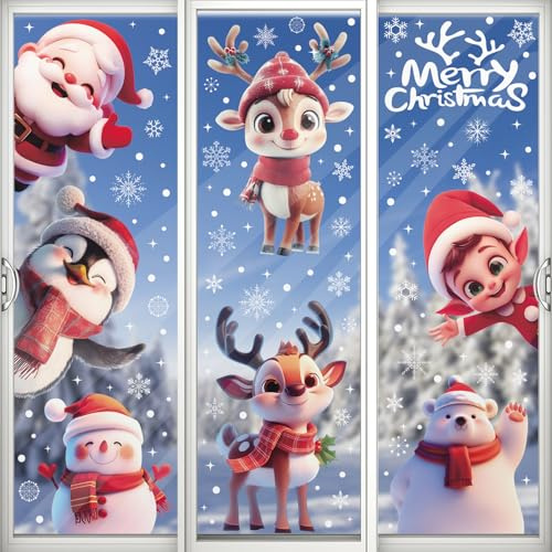 SULOLI 8 Feuilles Noël Autocollants Fenêtre PVC Stickers Noel | Sticker à Effet Stéréoscopique Réutilisable Décoration de Noël Fenêtre Père Noël Flocons de Neige Verre de Noel