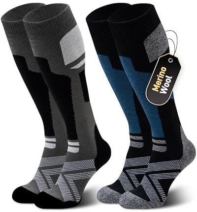 Niorasen Merino Wool Ski Socks Men Unisex, 2 Pairs Thermal Knee-High Socks for Winter, Full Cushion Thick Socks, Skiing, Snowboarding, Outdoor Sports, Hunting, Hiking, Black/Dark Blue 2 Pairs, UK 3-8