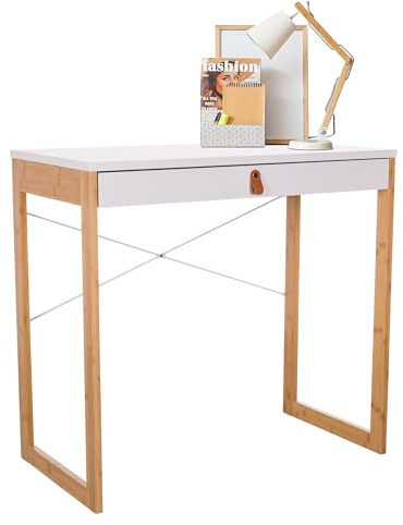 hjh LIVING Schreibtisch mit 1 Schublade 80x42 cm TAROLO II Bambus Gestell, Kleiner Tisch im skandinavischen Stil, Computertisch Weiß