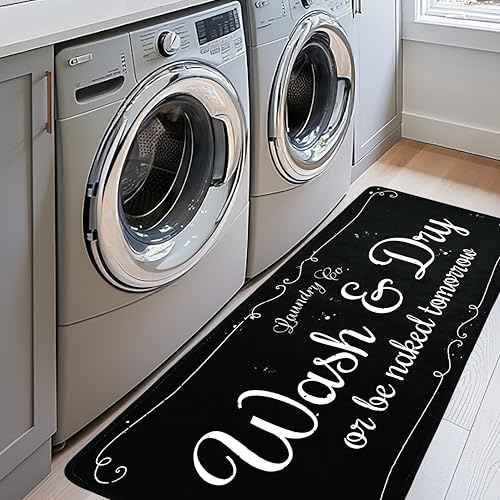 EYECY Laundry Room Rug Runner 20x49 Non Slip TPR-Backed Rug for Kitchen, Bathroom, and Hallway - Black