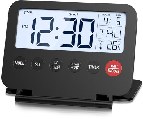 Ankilo Digital Travel Alarm Clock, Foldable Calendar Temperature Timer LCD with Snooze, 12/24H, Battery Operated Desk Clock for Travel, Home & Office, Best Gift for Father Day