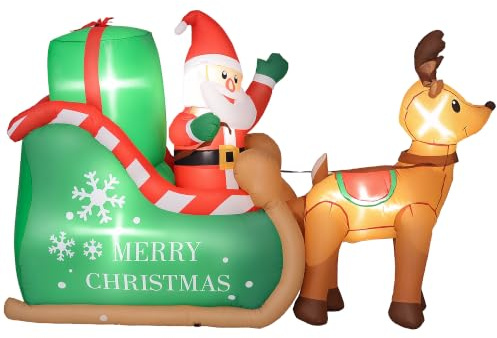 Outsunny Aufblasbar Weihnachtsdeko 2,1 m Weihnachtsmann mit Schlitten | Rentier, LED-Beleuchtung, Selbstaufblasende Weihnachtsbeleuchtung, für Innen- und Außenbereich
