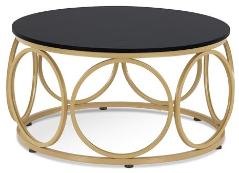M MCombo Couchtisch Rund Holz, Modern Sofatisch Schwarz-Gold, Klein Kaffeetisch Metallgestell, Beistelltisch für Wohnzimmer, Durchmesser 80cm, 2102