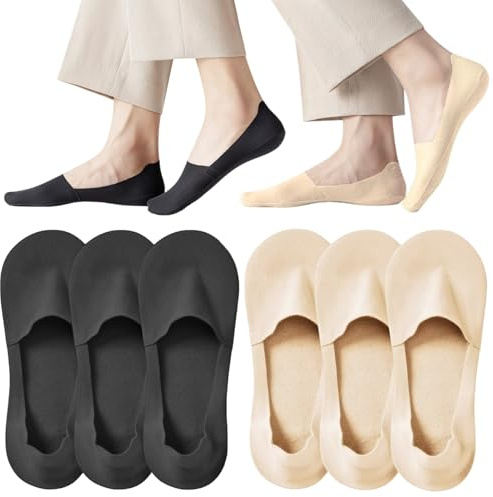 LUFFLOK Women's 6 Pairs No Show Trainer Socks Womens, Non Slip Invisible Socks, Ladies Ultra Low Cut Liner Socks, Cool Ice Silk Socks for Loafer Flats Boat Shoes Canvas, Nude+Black