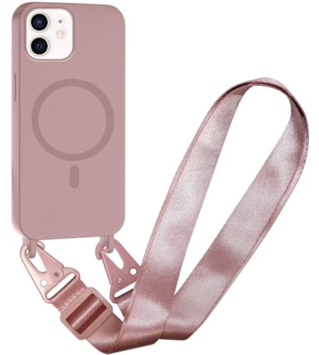 SLWYF Cover Compatibile con iPhone 12 Mini Cover Magnetica, Silicone TPU Morbido Corda Collana Necklace Regolabile Stylish con Catena Ultra Sottile Case, Rosa sabbia
