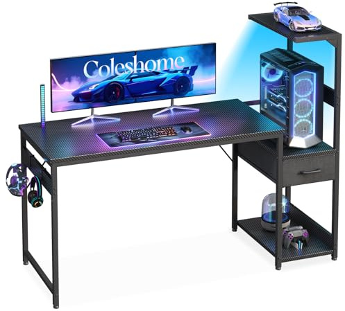 Coleshome 138×48 cm Gaming Desk with LED Lights, Carbon Fiber Black