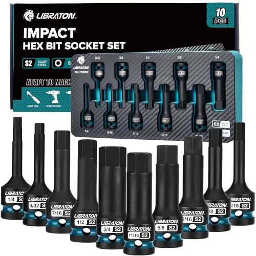 LIBRATON Impact Hex Bit Socket Set, 1/2 Dr, S2 Steel | 10PCS High Torque Sockets (SAE 1/4-3/4) for Professional Mechanics & Automotive Repair (XPE Storage Case)