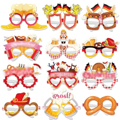 HOWAF 24 Stück Oktoberfest Foto Requisiten Partybrille Damen, Bier Brezel Wurst Papier Brillen für Oktoberfest Kostüm Damen Bayrisch Wiesn Kostüm, Rot Weiß