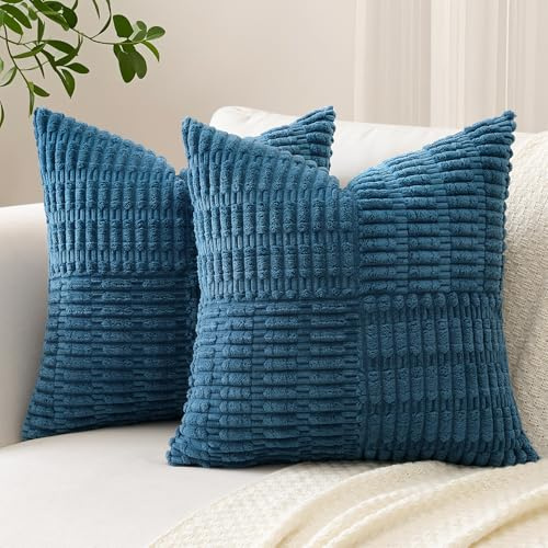 Sungeek Juego de 2 Fundas de Cojínes 60x60 cm Azul Polvo de Pana Suave Fundas de Almohada Decorativas con Patchwork a Rayas Cruzadas Funda Cojines para Sofá Dormitorio Sala de Estar