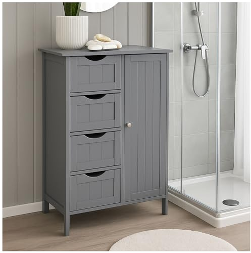osoltus Beistellschrank Badezimmer Hampton | Cottage Design 1 Tür mit 2 Regalböden und 4 Schubladen | Badezimmerschrank Holz 55 x 32 x 82 cm (LBH) (grau)