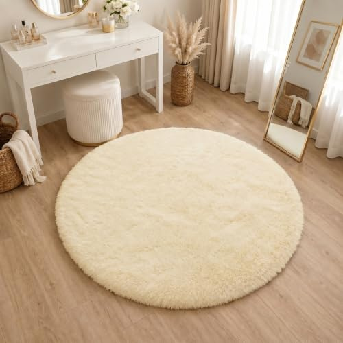 BEIMO Hochflor Teppich Flauschig Creme Teppich Wohnzimmer Rund 100CM Teppiche Schlafzimmer Anti-Rutsch Bettvorleger Teppiche Weich rutschfest für Kinderzimmer