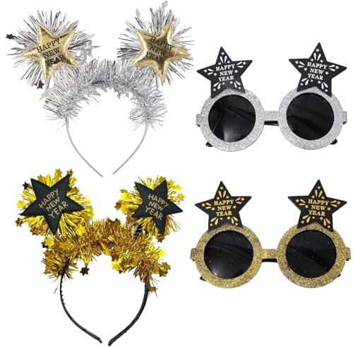 4 Pcs Silvester Haarreif,Silvester Kopfschmuck,2026 Happy New Year,Stirnband Haarreifen,Haarschmuck Requisiten Foto Party Accessoires,Damen Neujahrs Eve Hut,Neujahr Schmuck Kinder Year'S Haarband