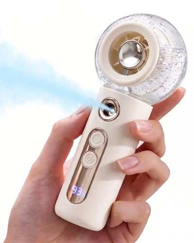 Tendiren Portable Handheld Misting Fan, Rechargeable Personal Mini Fan with Mist, 4 Speed Turbo Powerful Cooling Fans with Water Spray Tank for Travel, Home, Office, Outdoor, Camping, Beach (White)