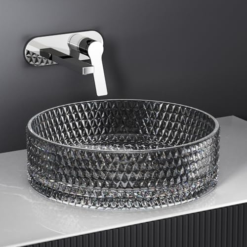 EMKE Aufsatzwaschbecken, Glaswaschbecken Rund 360 x 360 x 112mm, gehärtetem Bleikristallglas Waschbecken, Waschbecken Bad, Waschschale ohne Hahnloch, Transparent Schwarz