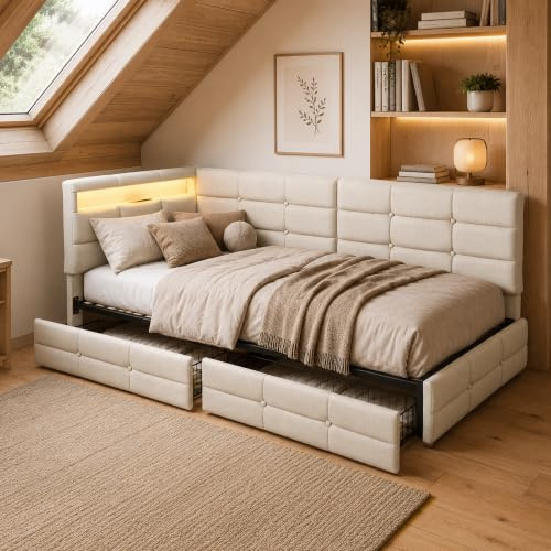 DULRLLY Polsterbett Jugendbett 90x200 mit Stauraum Schubl., LED＆USB Ladest.,Daybett Tagesbett Schlafsofa mit Lattenrost, L-Form Eckbett Einzelbett Bettgestell für Kinder/Gästezimmer, Leinen