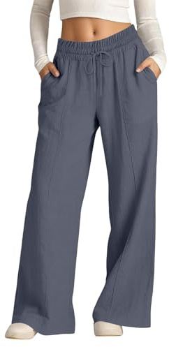Pantaloni Cotone Donna,Pantaloni Donna Estivi Lino Casual Leggeri Elastico in Vita Eleganti Baggy Linen Pants Pantalone da Spiaggia Lavoro Vita Alta Pantalone con Coulisse Gamba Larga Grigio M