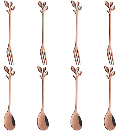 AnSaw 4 kleine Kaffeelöffel und 4 Dessertgabeln, 11,9 cm, Edelstahl mit Blattgriff (Roségold)