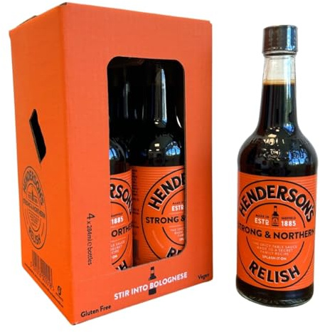Henderson's Relish. Un'alternativa alla salsa Worcestershire. Una salsa piccante e senza glutine. Ingredienti a base vegetale. Adatto per vegani/vegetariani. Bottiglie da 4 x 284 ml.