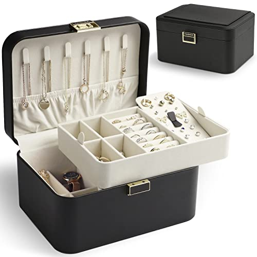 KAMIER Schmuckkästchen – Luxuriöse 2-stöckige Schmuckschatulle aus hochwertigem Flanell für Damen, geeignet für Ringe, Ohrringe, Armbänder & Halsketten, Schwarz