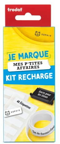 Nachfüllset für Stempel Je marque mes P'tites Affaires, zum Markieren von Kindern, schwarze Stempelkissen + Etiketten + Bügelband – ideal zum Markieren von Kleidung