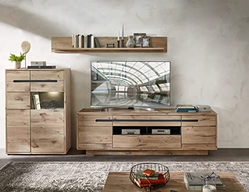 BELLANO Wohnwand Komplett-Set Viking Eiche Graphit mit LED-Beleuchtung | 309 x 185 x 44 cm (B/H/T), moderne Schrankwand für das Wohnzimmer, inklusive indirektem Licht und viel Stauraum