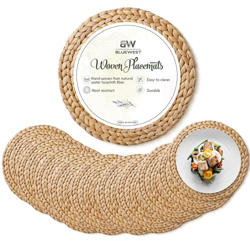 (Dimensioni: 30,5-33 cm) Tovagliette in tessuto BLUEWEST (set da 10), tovagliette rotonde in ratt, tovagliette in vimini giacinto d'acqua, set di tovagliette rotonde intrecciate, resistenti al
