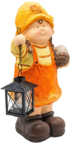 Wichtelstube-Kollektion XL 35cm hoch Gerda mit Laterne im Frühherbst Gartendeko für den Herbst deko Figur Garten MGO mit Laterne für Teelicht wetterfest