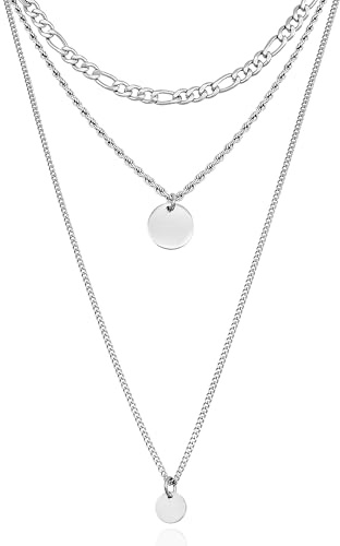 RUGGED steel - Damen Ketten Set aus Edelstahl mit runden Plättchen Anhängern für Layer Looks - 3 Halsketten -> 7 Styles - inkl. Schmuck-Box (40+8/45+8/60 cm, Silber)