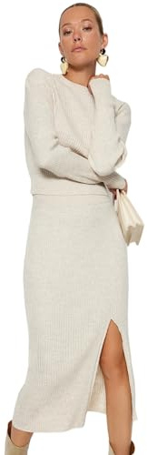 Trendyol Conjunto de Dos Piezas de suéter y Falda de Punto Medio Liso para Mujer Camisa, Roca, M