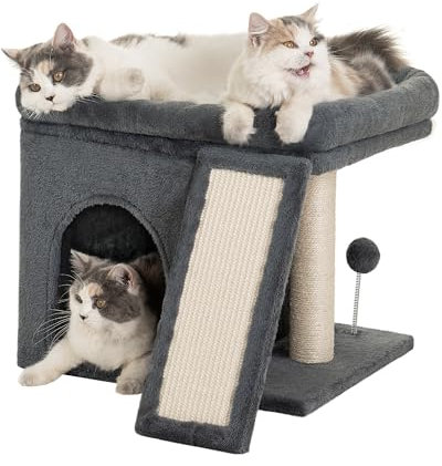 Aechonow Kratzbaum für Große Katzen Stabil, Katzenbaum mit Groß Liegefläche(51x41cm), 2 Tier Katzenhöhle Tonne Bett für Indoor Adulte Katzen, Dunkel Grau
