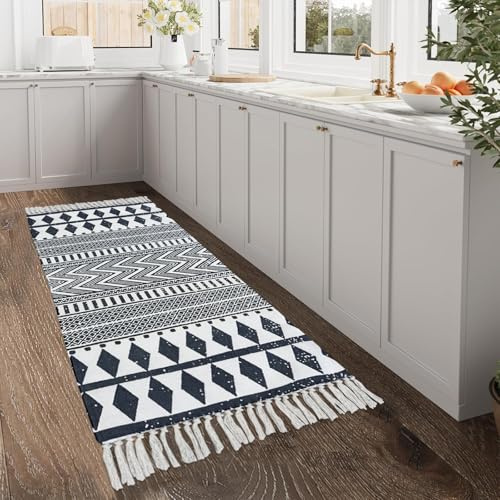 USTIDE Ultra Long Cotton Area Rug with Tassel Hand Woven Printed Rug Kitchen Runner Washable Mat Entryway for Bedroom, Kitchen, Laundry Room (70cmx180cm, Black and Cream)