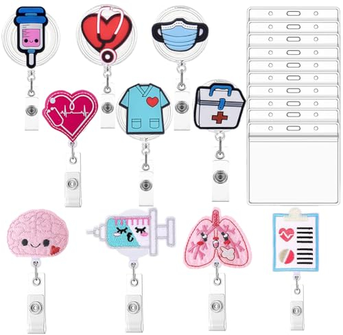 10 Stück Ausweishüllen, Krankenschwester Ausweishalter, Einziehbare ID Kartenhalter, Cartoon Ausweishalter mit 10 durchsichtigen Kartenhaltern, Ausweishalter für Krankenschwestern, Ärzte