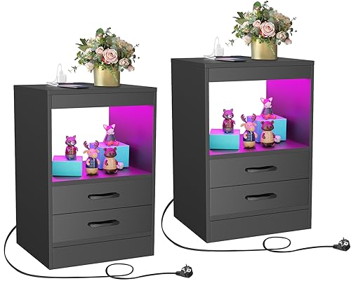 PIPIPOXER 2er Set Nachttisch Mit Ladefunktion, LED Beleuchtung, 2 Schubladen Und Hochglanz Kommode - 16 Farben Beistelltisch Für Wohnzimmer