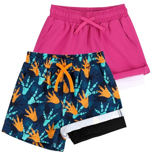 LACOFIA 2 Pièces Maillot de Bain Garçons 2 en 1 Shorts de Bain pour Enfant avec Compression Boxer Short de Natation/Plage/Surf à Taille élastique Séchage Rapide Rose+Bleu 7-8 Ans