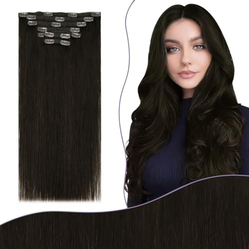Fshine Clip in Extensions äkta hår mörkbrun, 40 cm 135 g naturligt äkta hår förlängningsklämma brun 7 stycken tjockt hårklipp i äkta hår hårförlängning färg 2