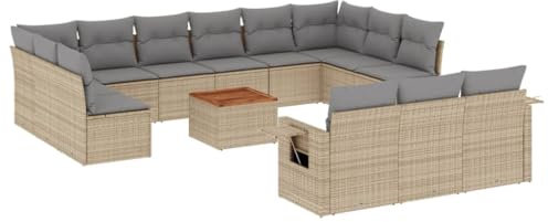 HETFTJN Mini Lounge Outdoor Sofa Mini Couch Lounge Sessel Outdoor - 14-TLG. Garten-Sofagarnitur mit Kissen Beige Poly Rattan für Balkon Garten Schwimmbad Terrasse