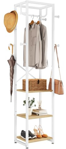 IBUYKE Perchero, Perchero independiente con 3 estantes y 8 ganchos, Perchero industrial de ropa para entrada, pasillo, dormitorio, 180 x 40 x 30 cm, color natural y blanco TMJ088R