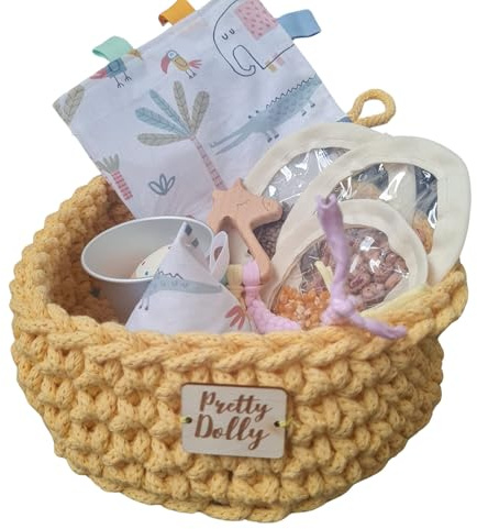 PRETTY DOLLY - Cesta de los tesoros para bebé con 8 artículos hecha a mano - Cesto sensorial - Juego de estimulación temprana - Jugete para bebé Montessori desde los 4 a los 18 meses (Amarillo)