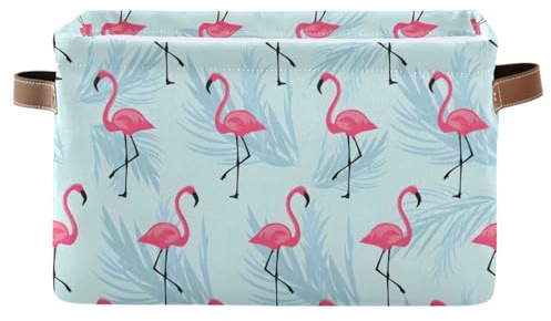 Cesto portaoggetti chic blu fenicottero decorativo cesto portaoggetti pieghevole cubo organizzatore con manici in pelle per vestiti giocattoli stoccaggio libri 1